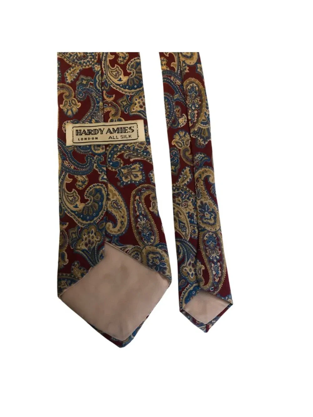 Hardy Amies London Silk Tie Red Blue Beige Paisley Mens Necktie Work Formal Gift